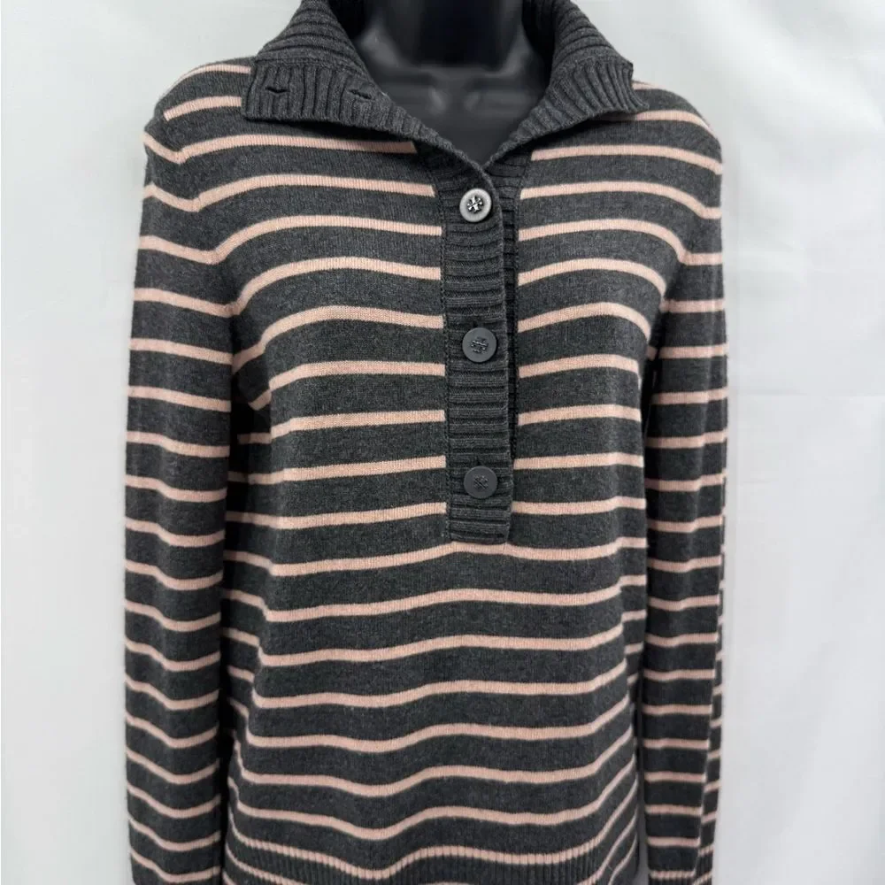 Tory Burch Giselle Cashmere Blend Quarter Button Collared Striped Sweater | XS